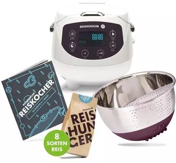 Reishunger Mini Reiskocher 0,6l Set wei&szlig;- 11-teiliges Starterset