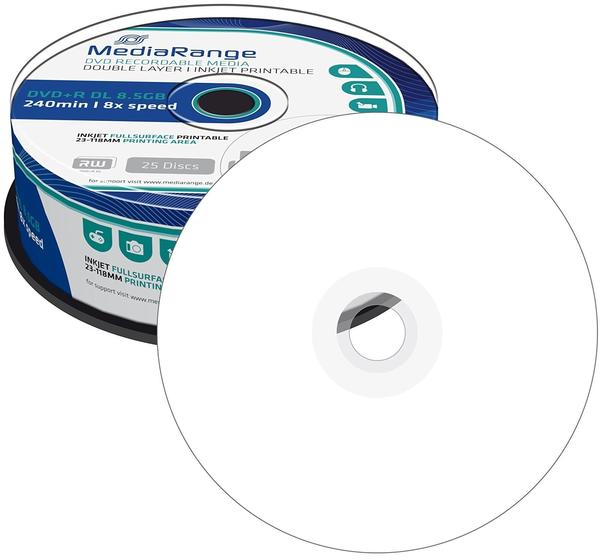 MediaRange DVD+R 8,5Gb DL 270min 8x Inkjet fullprintable 25er Cakebox