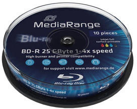 MediaRange BD-R 25GB 135min 4x ganzflächig Tintenstrahl bedruckbar 10er Spindel