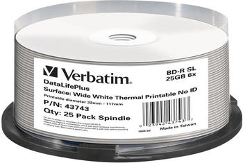 Verbatim BD-R 25GB 6x Wide White thermo bedruckbar 25 Pack Spindel