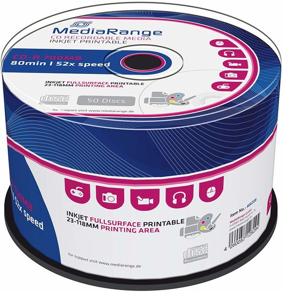 MediaRange CD-R 700MB 80min 52x ganzflächig Tintenstrahl bedruckbar 50er Cakebox