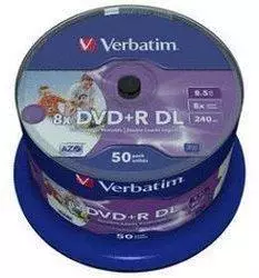 Verbatim DVD+R DL 8,5GB 240min 8x ganzfl&auml;chig Tintenstrahl bedruckbar No ID 50er Spindel