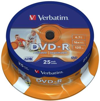 Verbatim DVD-R 4,7GB 120min 16x ganzflächig Tintenstrahl bedruckbar ID Brand bedruckbar 25er Spindel