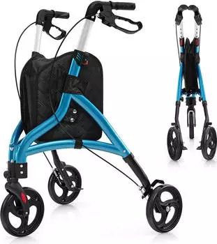 Costway Rollator mit Sitz klappbar leicht Gehhilfe 6-fach höhenverstellbar Dreirad Schmal Alu Tasche Bremse Blau