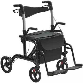 VEVOR 2-in-1 Rollator und Transportstuhl zusammenklappbare Rollator-Rollstuhl-Kombination Fußstützen leichter Aluminium-Rollator mit verstellbarem Griff All-Terrain-Räder 136 kg Schwarz