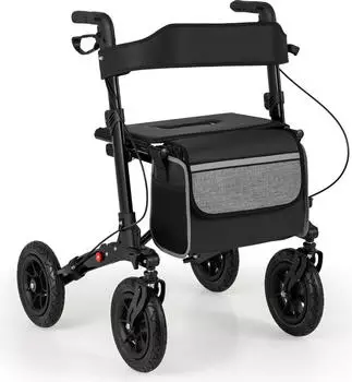 Costway Rollator faltbar 2in1 Rollstuhl Reiserollator mit Sitz Luftbereifung Tasche Stockhalter Gehhilfe h&ouml;henverstellbar bis 140kg Schwarz