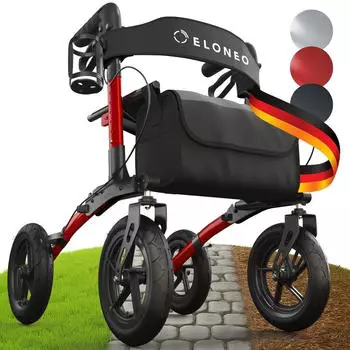 Eloneo Rollator faltbar leicht Outdoor mit Sitz Luftbereifung Klick Go System feststellbare Bremse Luftr&auml;der Rot