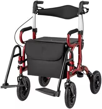 Costway 2-in-1 Rollator & Rollstuhl, faltbar, 6-fach höhenverstellbar, Aluminium, rot (bis 140kg)