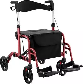 Costway Rollator 2in1 Rollstuhl faltbar, 6-fach höhenverstellbar, Aluminium, rot