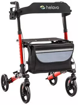 Helavo Aluminium Rollator faltbar mit Sitzfläche und Reisetasche leicht 8,3kg rot