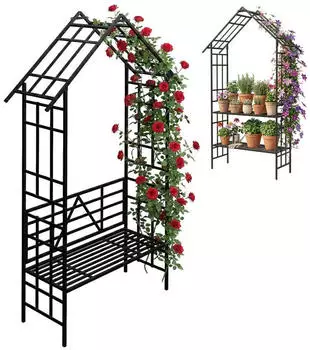 Relaxdays Rosenbogen mit Bank oder Pflanzenregal, Metall, Schwarz, 150x247x43cm