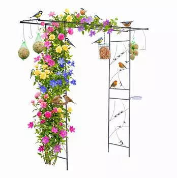 Relaxdays Rosenbogen mit Vogelbad & Futterstation, Metall, Schwarz