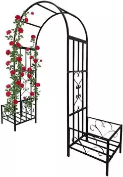 Relaxdays Rosenbogen mit Pflanzk&auml;sten, Metall, Schwarz, 216x206x216cm