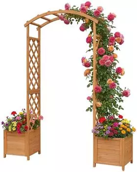 Relaxdays Rosenbogen mit 2 Pflanzk&auml;sten, Tannenholz, orange, 206x180x40cm
