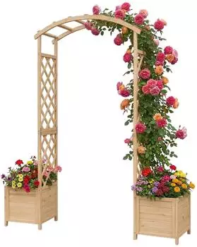 Relaxdays Rosenbogen Rundbogen mit 2 Pflanzk&auml;sten, 206x180x40cm, Tannenholz, natur