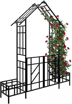 Relaxdays Rosenbogen mit Tor und Pflanzeinfassung, Metall, schwarz (247x204x43cm)