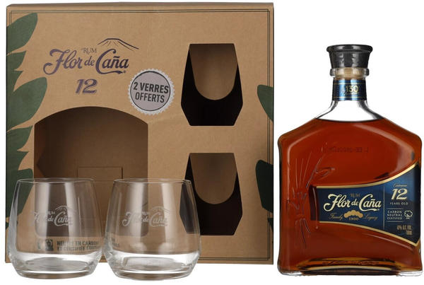 Flor de Caña Centenario 12 Years Old Rum 0,7l 40% with 2 Glasses