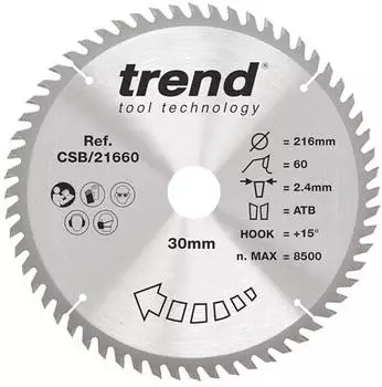 Trend Holz-Kreissägeblatt TCT 216mm, 30mm Bohrung, 60Z (CSB/21660)
