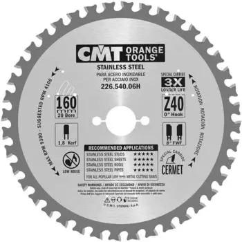 CMT Orange Tools Kreissägeblatt für Edelstahl HW 160x1,8/1,4x20 Z40 TCG (226.540.06H)