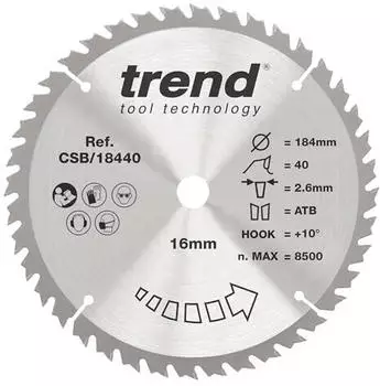 Trend CraftPro Trimming Crosscut HM-Sägeblatt 184mm 40Z 16mm Bohrung (CSB/18440)