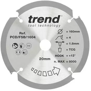 Trend PCD Faserzement Kreissägeblatt 165mm 20mm Bohrung 4Z (PCD/FSB/1654)