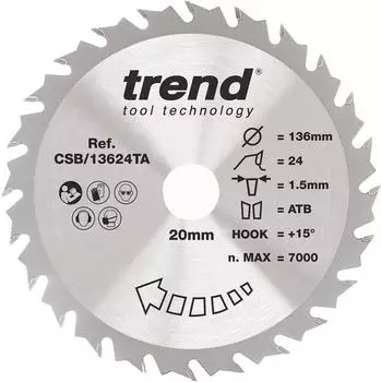 Trend CraftPro Holz-Sägeblatt für Akku-Sägen 136mm 24Z 20mm Bohrung (CSB/13624TA)