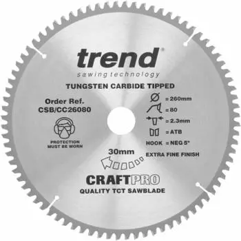 Trend CraftPro TCT Gehrungssägeblatt 260mm, 80 Zähne, 30mm Bohrung (CSB/CC26080)