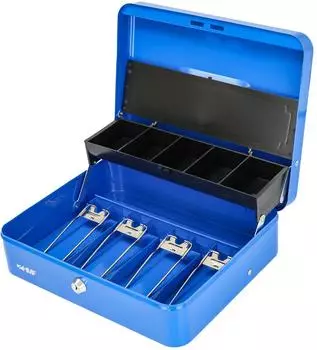 HMF Geldkassette abschlie&szlig;bar, M&uuml;nzeinsatz, 4 Scheinf&auml;cher, 30x24x9cm, Blau (15230-05)