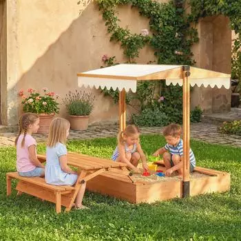 AIYAPLAY Sandkasten mit Dach 184 x 110 x 120 cm Sandkiste mit klappbarem Picknicktisch