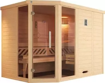 Weka Massivholzsauna Kemi Eck mit Ganzglastür und Fenster, 7,5 kW Saunaofen mit externer Steuerung (528.2520.39110)