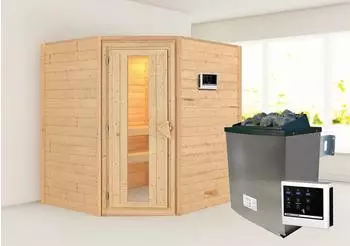Karibu Woodfeeling Sauna Mia - 38 mm - ohne Dachkranz - Energiesparende Saunatür - 9 kW Ofen inkl. Steuergerät (86546)