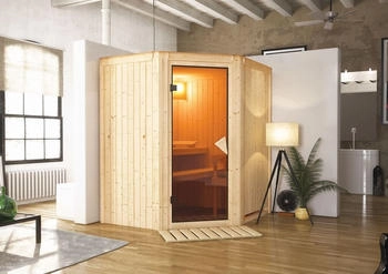Karibu Innensauna Tonja Eckeinstieg Ofen 3,6 kW Strg 170x151x198 cm ohne Dachkranz Bronzierte T&uuml;r (71303)