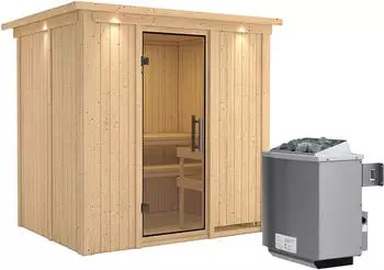Karibu Bodin Heimsauna 68mm Ganzglast&uuml;r 9kW Ofen LED-Dachkranz (85583)