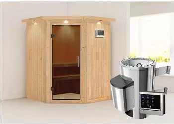 Karibu Nanja Elementsauna 68mm Ecksauna Ganzglast&uuml;r Graphit 3,6kW Ofen (85832)