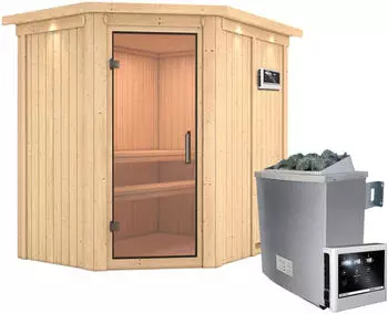 Karibu Carin Eck-Sauna 68mm, 9kW Ofen, Ganzglast&uuml;r, LED-Dachkranz (85592)