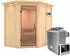 Karibu Carin Eck-Sauna 68mm, 9kW Ofen, Ganzglastür, LED-Dachkranz (85592)