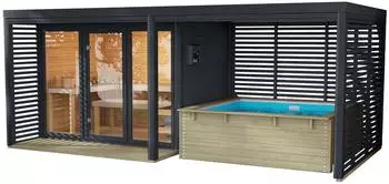 Chillroi Saunahaus XL mit Anbaudach und Minipool inkl Ofen