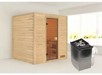 Karibu Adelina Blockbohlensauna 38mm, 9kW Ofen, bronzierte Ganzglastür (6755)