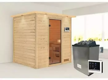 Karibu Adelina Massivholzsauna 38mm bronzierte Ganzglastür 9kW Ofen mit Dachkranz (6759)