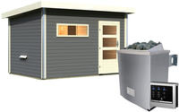 KARIBU Au&szlig;ensauna Mainburg 3 terragrau mit Ofen und externe Steuerung easy