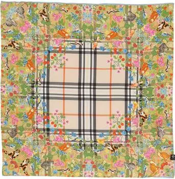 Fraas Damen Seidentuch mit Plaid Karo und Tierprint Katzen Vögel 51 x 51 cm 100% Seide Organic Green (612022-703)