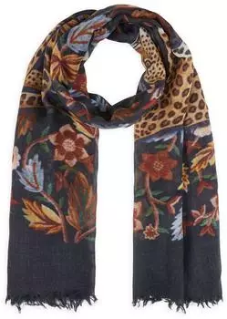 Codello Edler Schal aus Wolle mit Leopard und BlumenMotiven blau 100x180 cm