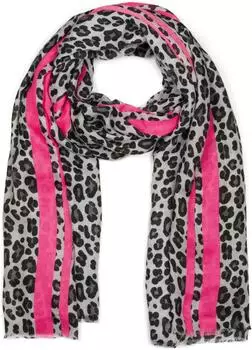 styleBREAKER Schal Leoparden-Print mit Streifen und Fransen, Damen, grau-pink (01017082-M3)