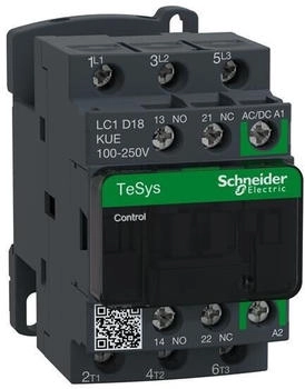 Schneider Leistungsschütz LC1D 3p, +1S+1Ö, 7.5 kW, 18 A, 400 V AC3, Spule 100-250 V AC/DC (LC1D18KUE)