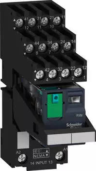 Schneider Electric Miniaturrelais 4W 6A 24VDC Prüftaste Sockel getr. Bügel Schild montier (RXM4AB1BDPVS)