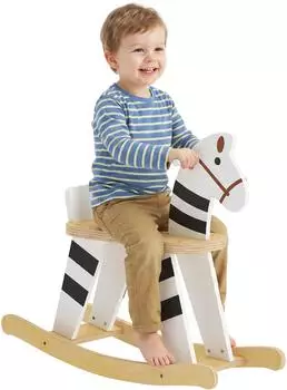 AIYAPLAY Kinderschaukelpferd mit Rückenlehne, Holz, schwarz-weiß, 26x53x68cm