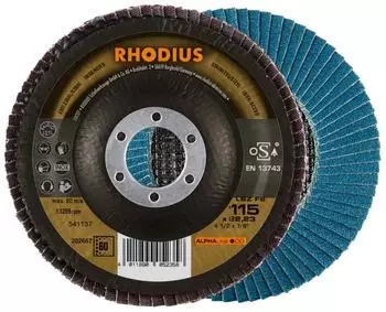 RHODIUS Fächerschleifscheibe LSZ F2 115 x 22,23 mm K60 für Edelstahl/Stahl 10 Stück (202667)