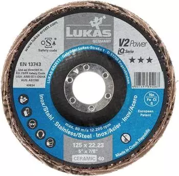 Lukas Fächerscheibe V2 Power CER Ø 125 mm Körnung 40 flach für INOX, Stahl, Titan (A27441250401450)