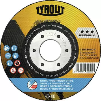 Tyrolit CERABOND X Schruppscheibe 115x4mm, CA24Q, Stahl/Inox (34401827)