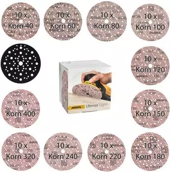 Mirka Ultimax Ligno Klettschleifscheiben &Oslash;150mm Mix-Pack P40&ndash;P400, 91 Stk (KIT2611MMP)